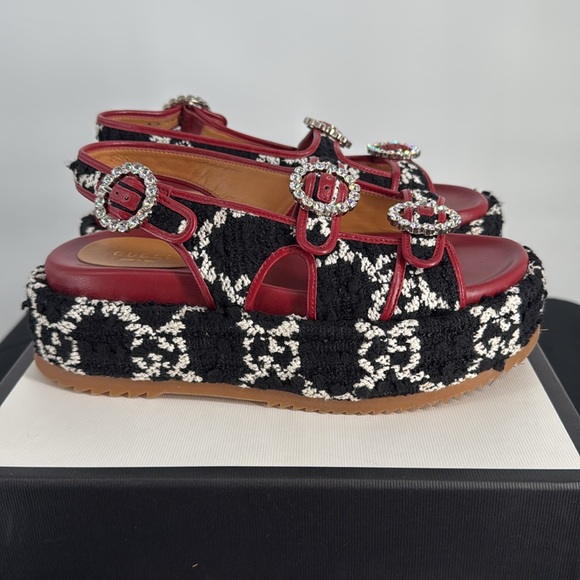 Gucci Black & White Tweed Red Leather Crystal Buckle Platform Sandals SZ 37.5 - Picture 5 of 10